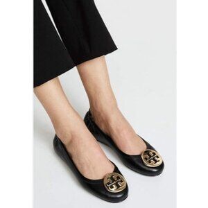 Tory Burch Minnie Travel Ballet Flats Black Leather Gold Logo Women’s Size 8